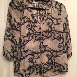 Join Silk Blouse | Size XS | Navy & Beige Pattern